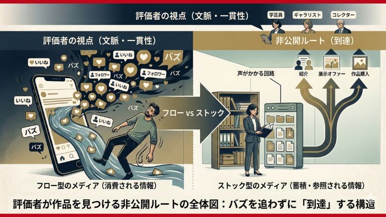 評価者が作品を見つける非公開ルートの全体図：バズを追わずに「到達」する構造