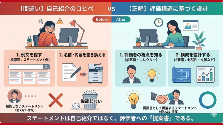 読者の誤った前提（Before）を視覚的に否定し、正しい認識（After）へ誘導する（教育フェーズ）