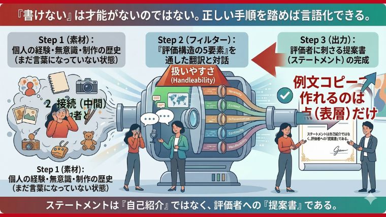 「書けない＝才能がない」という誤解を解き、「手順を踏めば言語化できる」という道筋（再現性）を示す