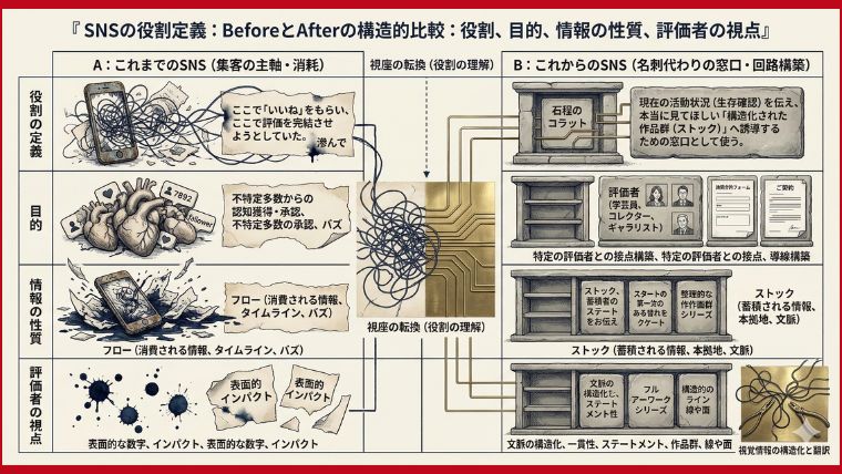 SNSの役割定義：BeforeとAfterの構造的比較：役割、目的、情報の性質、評価者の視点