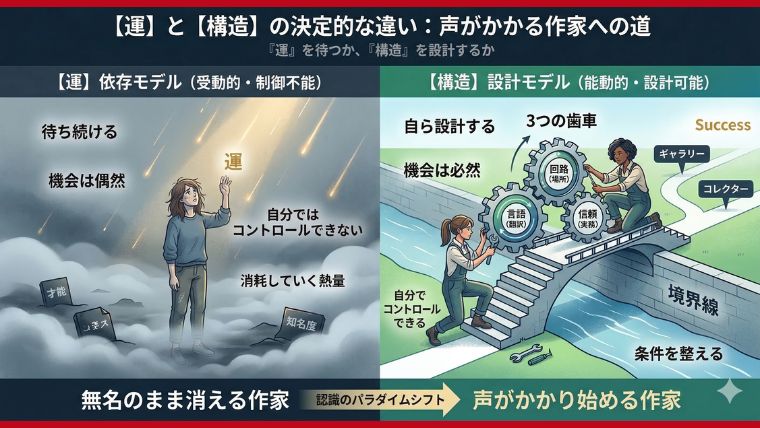 「運」の依存モデルと「構造」の設計モデルの対比